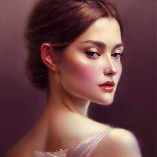 Prompt: a beautiful portrait painting of a glamorous actress, masterpiece by famous artist nasreddine dinet and eugene de blaas and greg rutkowski and artgerm and wlop, path tracing, intricate, elegant, highly detailed, digital painting, artstation, concept art, smooth, sharp focus