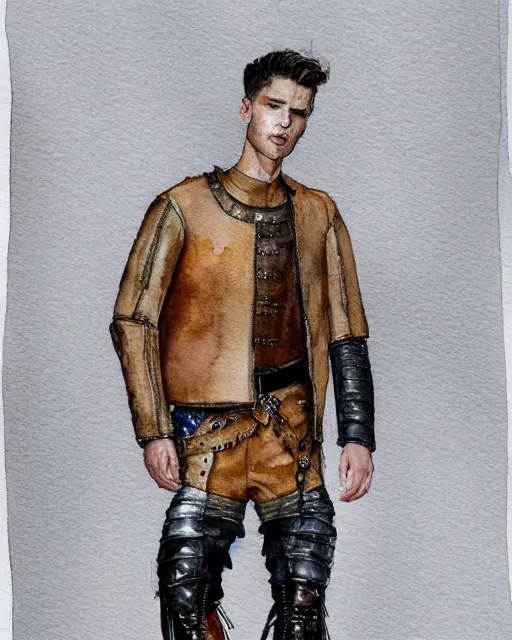 Prompt: watercolor sketch of a male model wearing a cropped baggy medieval menswear leather jacket by alexander mcqueen, 4 k, astonishing detail, studio lighting, wide angle lens