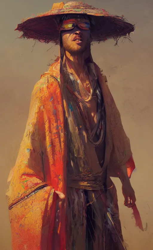 Image similar to portrait of a blindfolded man wearing multicolored robes, large straw hat, fantasy, highly detailed, cinematic lighting, digital art painting by greg rutkowski