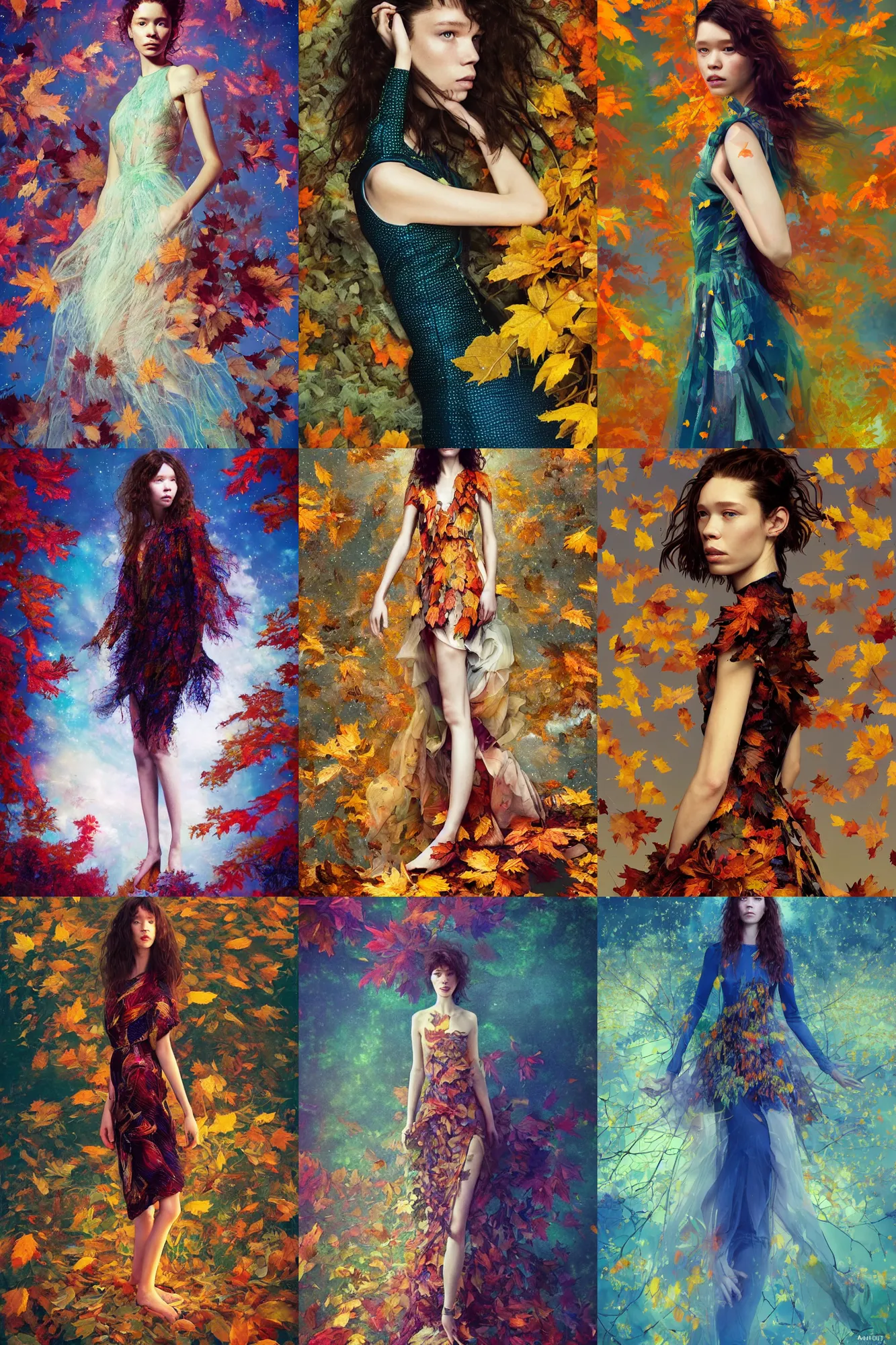 Prompt: masterwork full body portrait of astrid berges frisbey. digital illustration. wearing a dress made out of space. resting on a background of autumn leaves. fluid, dreamy, ethereal, vivid colours. sharp focus. highly detailed face. wow! cinematic lighting. trending on artstation. cgsociety.