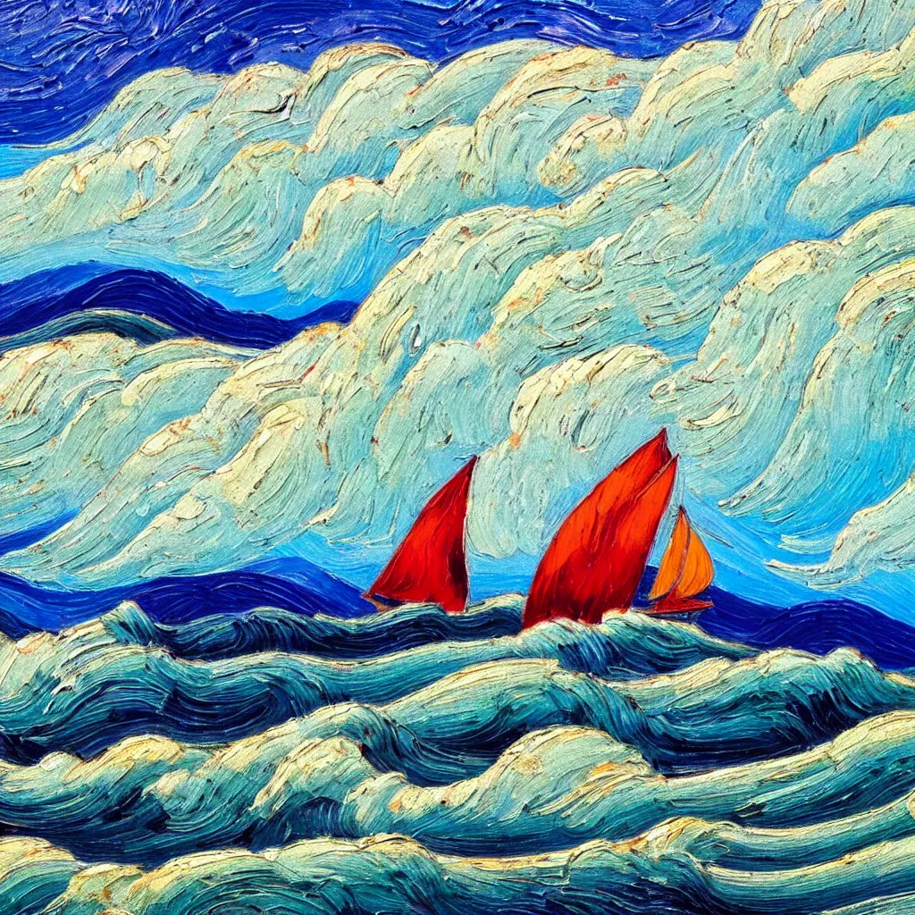 Image similar to Giant threatening beautiful Rolling waves, with a distant, red sailed yacht in the style of Jackson Pollack and painted in a style of painting similar to Van Gogh but more impasto and less hatching