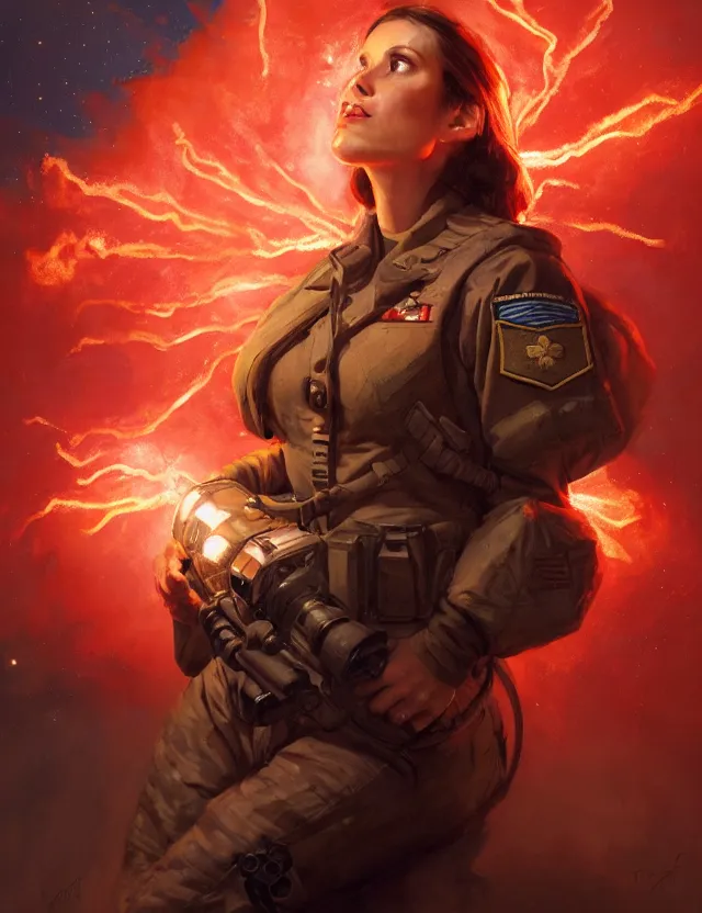 Image similar to a brown - haired woman in a military uniform hovering in the air glowing with red light and crackling energy, by frank fazetta and peter mohrbacher, trending on artstation, digital art, 4 k resolution, detailed, high quality, sharp focus, hq artwork, coherent, insane detail, concept art, character concept, character full body portrait