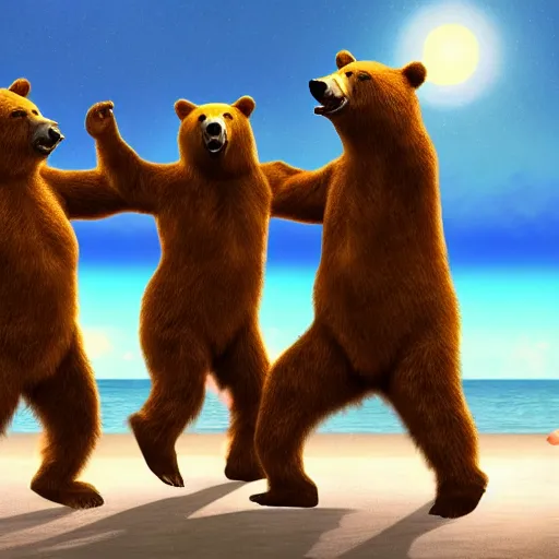 Image similar to Bears dancing at a party at the beach, cinematic, atmospheric, 8k resolution, ArtStation, Hyperrealistic