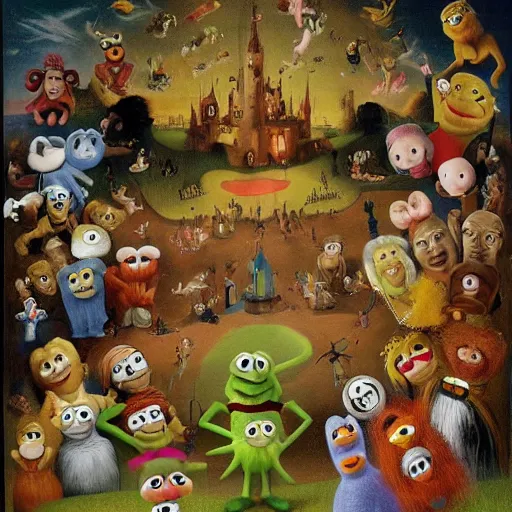 Image similar to painting of muppets and teletubbies, in the style of hieronymus bosch