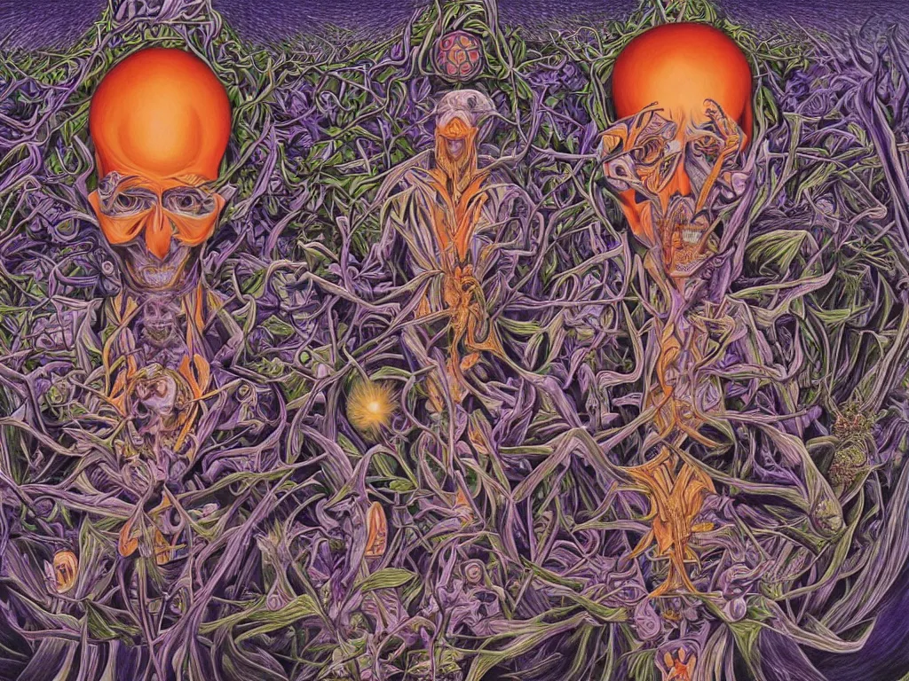 Image similar to transformation through death by Alex Grey and M. C. Escher collaboration