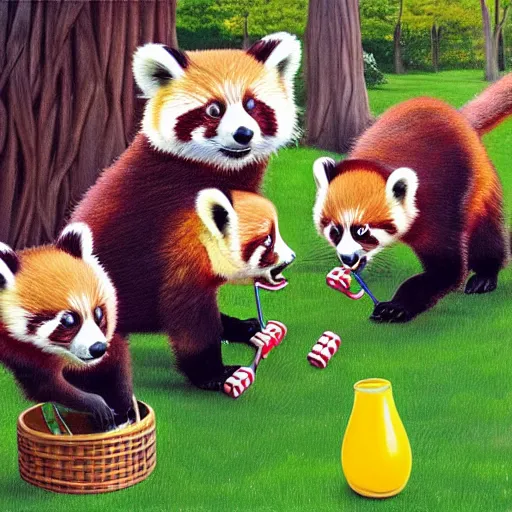 Image similar to very cute friendly happy high energy red pandas at a fancy garden party playing croquet and drinking lemonade, artwork by mark brooks and Asher Brown Durand, grand master, cinematic