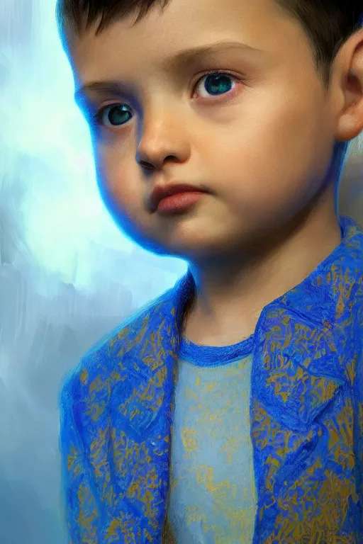 Prompt: little boy, close - up portrait, the portrait is decorated with blue and gold art deco patterns, powerfull, intricate, elegant, volumetric lighting, scenery, digital painting, highly detailed, artstation, sharp focus, illustration, concept art, ruan jia, steve mccurry