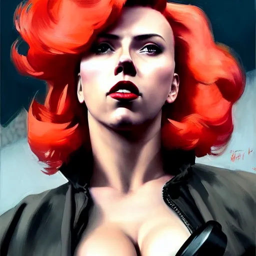 Image similar to greg manchess portrait of scarlett johansson as thick very muscular gothic weightlifter zarya from overwatch with red hair and black lipstick, fantasy medium shot, asymmetrical, profile picture, organic painting, sunny day, matte painting, bold shapes, hard edges, street art, trending on artstation, by huang guangjian and gil elvgren and sachin teng