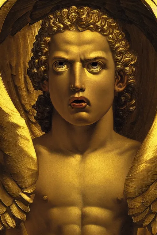 Image similar to archangel Michael, angry face, closeup, ultra detailed, made in gold, Guido Reni style