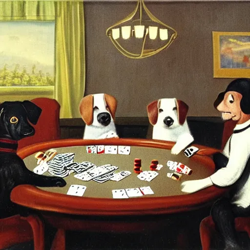 Prompt: a dog playing poker
