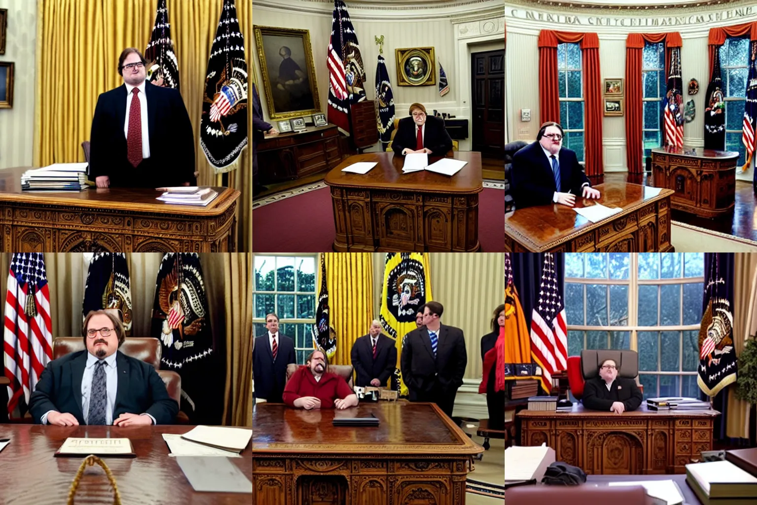 Prompt: President Gabe Newell gives an emergency presidential address from the oval office, sitting behind the resolute desk, live broadcast footage on C-SPAN