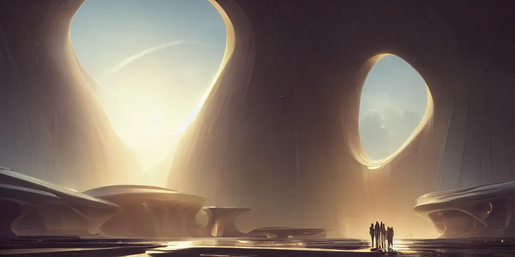 Image similar to the gods meeting at olympus, by tim blandin and arthur haas and bruce pennington and john schoenherr, big windows architecture by zaha hadid, octane render, warm colour scheme, white, cinematic, scenery, cgsociety, modernism, futuristic, trending on artstation, sci - fi, high detail, high quality, close up angle, people walking