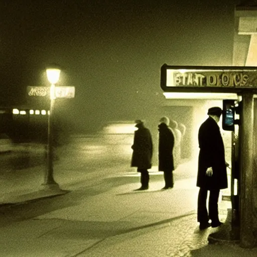 Prompt: some people waiting at bus stop in dark city night, detailed, high quality photography,a scene by Stanley kubrick, sci-fi, reimagined by industrial light and magic