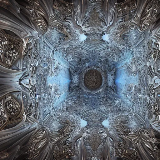 Image similar to a hyperrealistic 3 d render of a huge sprawling fractal cathedral interior populated by mandelbrot fractals by android jones, unreal engine, carved stone, carved soap, white color scheme, volumetric lighting, octane render, dramatic lighting, glowing, carved marble, opalescent, sacred geometry, religious, angelic, catholicpunk, stark, 8 k, ultra detailed