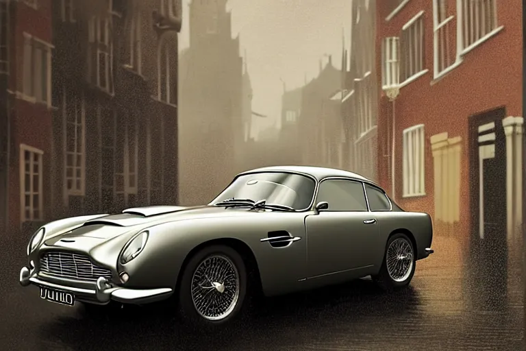 Image similar to a wholesome animation key shot of one focused aston martin db 5, parked on a side of a wet london street, raining, medium range, studio ghibli, pixar and disney animation, sharp, very detailed, octane render, 4 k, high resolution, anime key art by greg rutkowski, dull diffused side lighting