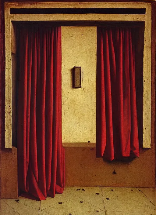 Image similar to red curtain, medieval painting by jan van eyck, johannes vermeer, florence