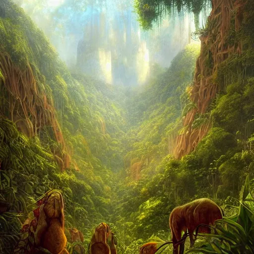 Image similar to Artwork of the Cinematic view of The Glittery Jungles by John Howe, Trending on artstation