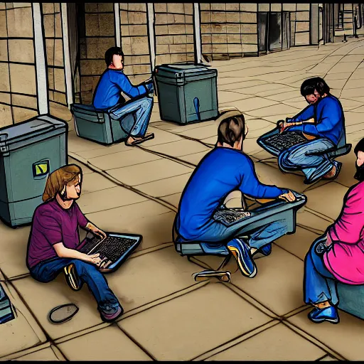 Image similar to a group of realistic bums using laptops near trashcans, angry, highly detailed, intricate, sharp focus, digital art, 8 k