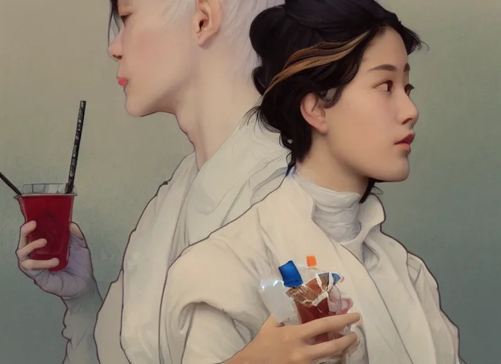 Image similar to Asian Italian young woman wearing cream jacket and navy active adidas pants, drinking vanilla shake and eating fries with ketchup, sigma female, accurately portrayed, portrait art by alphonse mucha and greg rutkowski, highly detailed, digital painting, concept art, illustration, trending on artstation, very detailed, smooth, sharp focus, octane render, close up