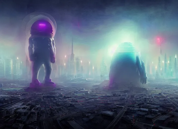 Image similar to large android like creature appearing through the fog which half covers a futuristic city. explosions, ultra wide angle, panoramic, colourful painting, detailed art by stephen martiniere, 8 k resolution