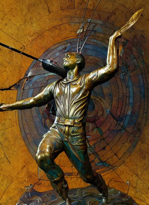 Prompt: An epic fantastic realism comic book style painting of a distressed bronze archery sculpture from the future by Stanislaw Szukalski, beautiful colorful flowers rain down, gilded marbled paper background, winged archer, fisheye lens, unreal 5, DAZ, hyperrealistic, octane render, dynamic lighting