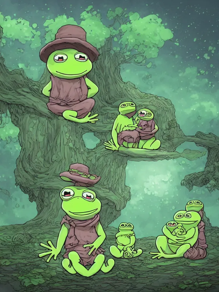 Prompt: resolution 4k wonder to the end of time pepe the frog love and family worlds of heaven rings of the world made in abyss character design Tony DiTerlizzi dream like storybooks rhymes pepe the frog sitting with this family happy together wholesome soft beneath a bioluminescent Britch tree within a sullen swamp , warm the value of love ,clear prismatic pink sky, dreaming , decedent, unnerving , disheartening , love, warm ,Luminism, prismatic , fractals , pepe the frog , art in the style of Tony DiTerlizzi , Francisco de Goya and Akihito Tsukushi and Gustave dore and Arnold Lobel