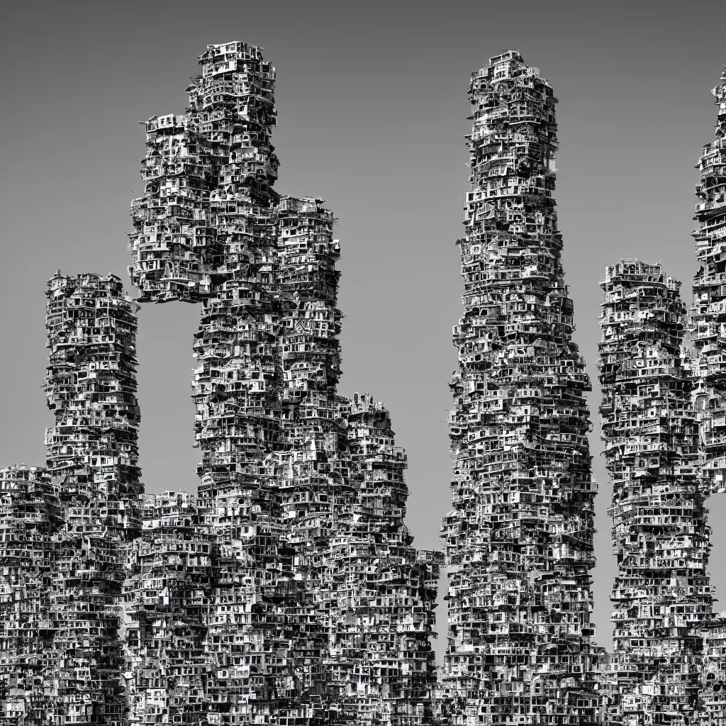 Prompt: towers made up of colourful makeshift squatter housing, hasselblad x 1 d, uniform plain sky at the back, fully frontal view, very detailed, ultra sharp, photographed by ansel adams