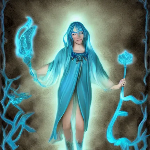 Prompt: digital art of a satyr woman with tan skin tone and short white hair, wearing blue clothes and a blue cloak, summoning turquoise magic