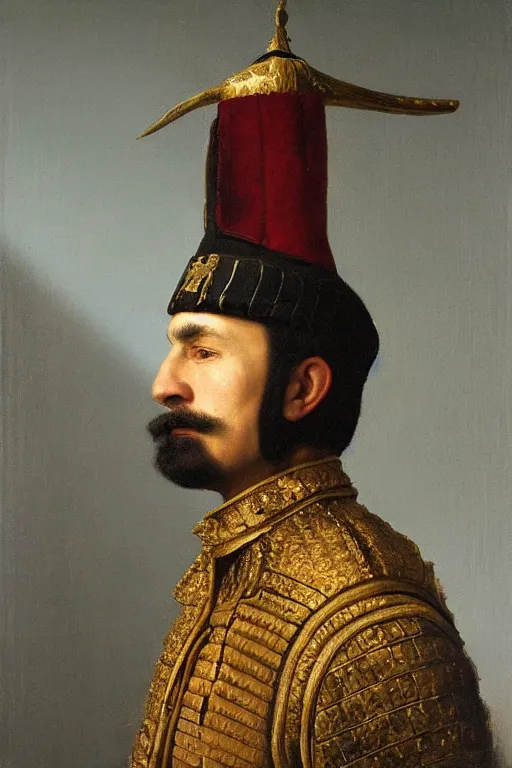 Prompt: a beautiful oil painting portrait of a handsome ottoman soldier by Rembrandt and Dino Valls and George Stubbs and Greg Rutkowski