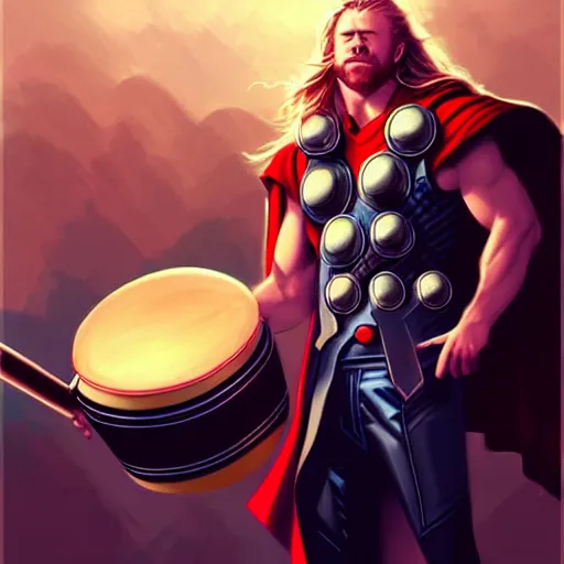 Image similar to thor playing the bongos, comic style by guweiz and stanley artgerm, extremely high quality artwork, very detailed, trending on artstation