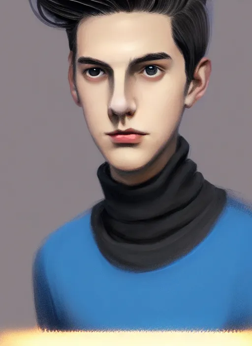 Image similar to portrait of teenage jughead jones wearing a light grey crown, crown, blue turtleneck, 1 9 5 0 s, closed eyes, photorealistic, black hair, glowing lighting, intricate, elegant, glowing lights, highly detailed, digital painting, artstation, concept art, smooth, sharp focus, illustration, art by wlop, mars ravelo and greg rutkowski