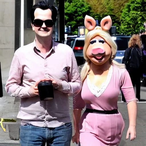 Prompt: Paparazzi photo of Jimmy Carr and Miss Piggy