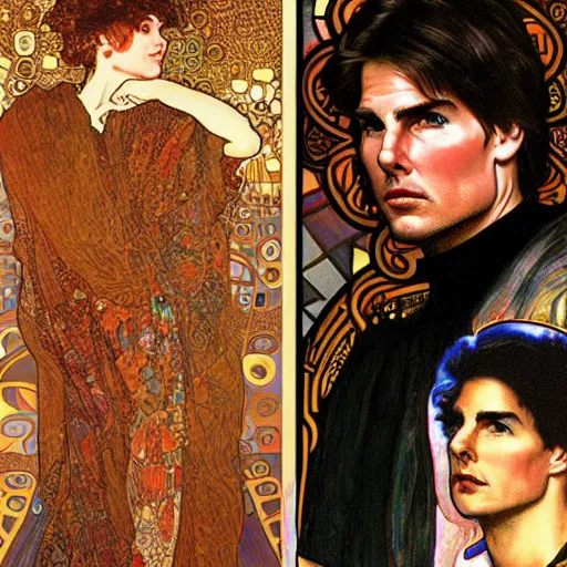 Image similar to detailed art of Tom Cruise, by Alphonse Mucha and Gustav Klimt