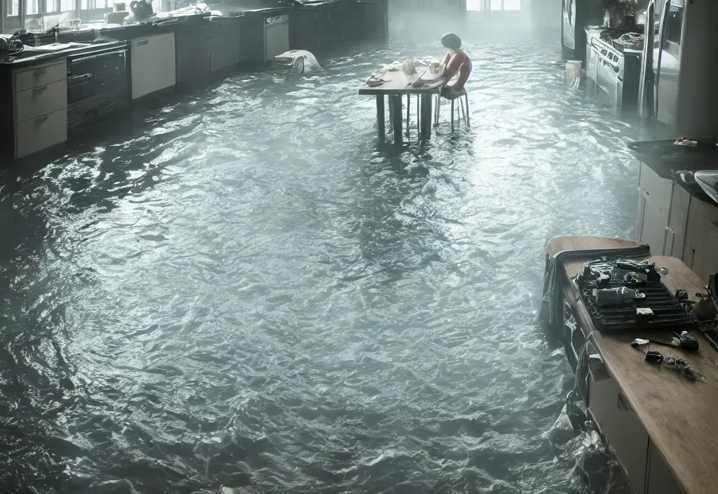 Prompt: kodak portra 4 0 0 photographic and realistic, 7 0's kitchen, detailed, octane render, unreal engine, 4 k, artstation, hyper realistic, wide angle, floor flooded, how a river, astronaut, objects that float, 3 5 mm, sharp focus, soft light, volumetric light fog, in the style of gregory crewdson