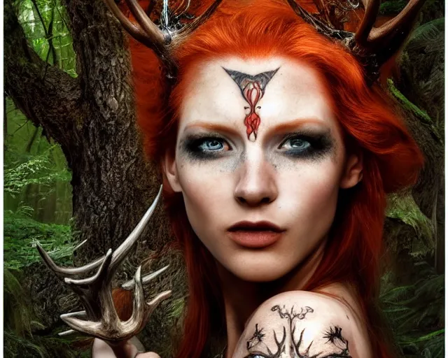 Image similar to 5 5 mm portrait photo of an armored gorgeous anesthetic redhead woman warrior with a face tattoo and antlers growing from her head, in a magical forest in the style of stefan kostic, art by luis royo. highly detailed 8 k. intricate. lifelike. soft light. nikon d 8 5 0. cinematic post - processing