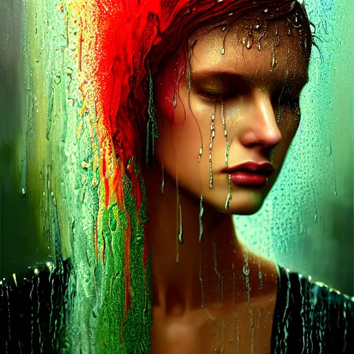 Prompt: dramatic asthetic portrait of revelation in uniquely colored rain with wet hair and face, liquid, epiphany, bliss, fantasy, intricate, elegant, dramatic lighting, highly detailed, lifelike, photorealistic, digital painting, artstation, concept art, smooth, sharp focus, illustration, art by John Collier and Albert Aublet and Krenz Cushart and Artem Demura and Alphonse Mucha