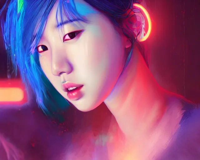 Prompt: a digital painting of park shin hye in the rain with blue hair, cute - fine - face, pretty face, cyberpunk art by sim sa - jeong, cgsociety, synchromism, detailed painting, glowing neon, digital illustration, perfect face, extremely fine details, realistic shaded lighting, dynamic colorful background
