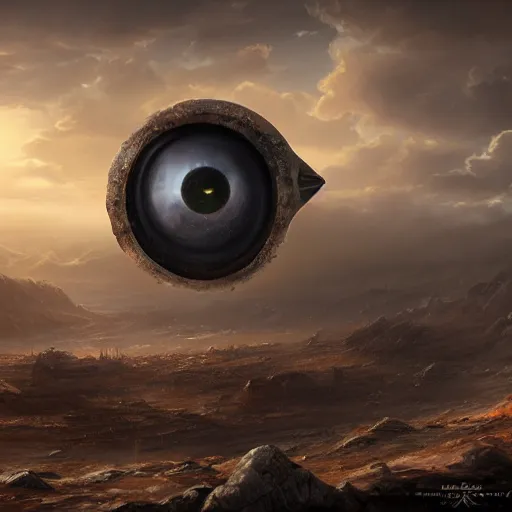 Image similar to a giant metal eye peering over the horizon of a barren landscape by Marek Okon, god rays, fantasy art, 4k, HDR, photorealistic, 8k, trending on artstation