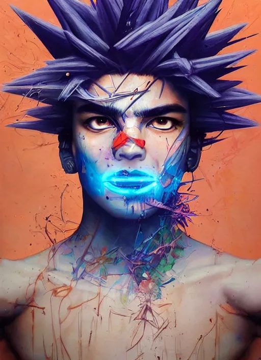 Image similar to beautiful portrait of Lofi cyberpunk Goku, by Tristan Eaton, Stanley Artgermm, Tom Bagshaw, Greg Rutkowski, Carne Griffiths. trending on DeviantArt, face enhance, hyper detailed, trending on Artstation, 8k, masterpiece, graffiti paint, fine detail, full of color, intricate detail, golden ratio illustration