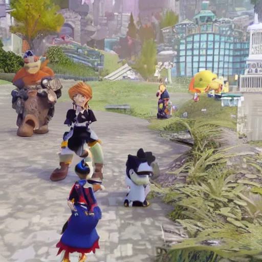 Prompt: screenshot of kingdom hearts 3, Disney and final fantasy crossover, donald duck and goofy npc characters, Kingdom hearts styled gameplay, unreal engine 4, kingdom hearts 3, kingdom hearts, godrays, realistic lighting, pirates of the carribean, rapunzel, cinderella, disneys frozen, toy story 2, monsters inc, First person shooter game hud