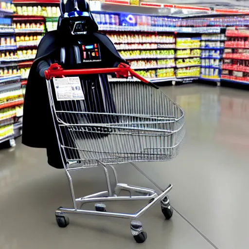Prompt: A still of a Darth Vader shopping for groceries at Walmart with a shopping cart, 4k, 35mm, photograph, photoreal, ultra realistic, highly detailed, professional lighting