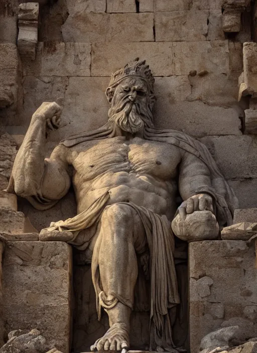 Image similar to colossal statue of an old king at the entrance of an ancient greek harbor, greg rutkowski, 8 k, shallow depth of field, intricate detail, concept art,