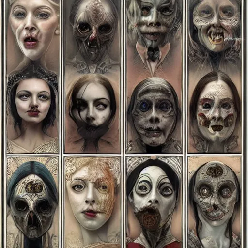 Prompt: hyperrealistic detailed crerpy artnouveau style scary portraits of layers of fear