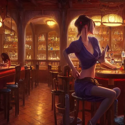 Image similar to highly detailed painting of a beautiful female drunk in a bar, stephen bliss, 8 k, unreal engine, by greg rutkowski, loish, rhads, artgerm, ferdinand knab, makoto shinkai and lois van baarle, ilya kuvshinov, rossdraws, tom bagshaw, global illumination, radiant light, detailed and intricate environment