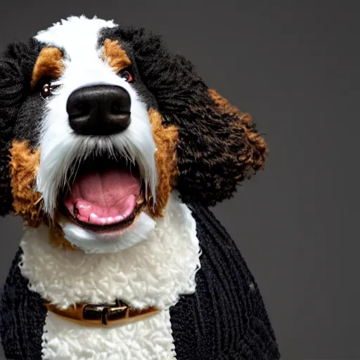 Image similar to a closeup photorealistic photograph of a smiling knitted bernedoodle judge dog dressed in a black gown, presiding over the courthouse. indoors, professional capture, well lit shot. this 4 k hd image is trending on artstation, featured on behance, well - rendered, extra crisp, features intricate detail, epic composition and the style of unreal engine.