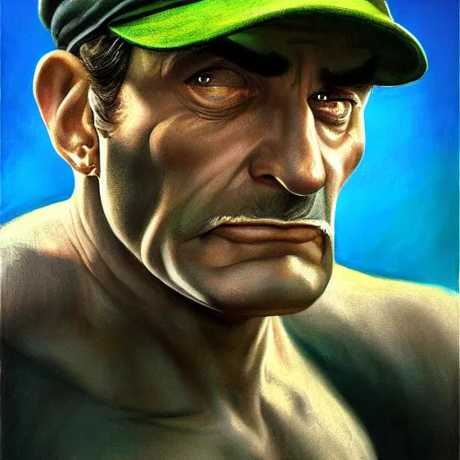 Prompt: An ultra realistic portrait painting of Luigi wearing his cap in the style of Frank Frazetta, 4k, Ultrarealistic, Highly Detailed, Dark Fantasy, Epic Lighting
