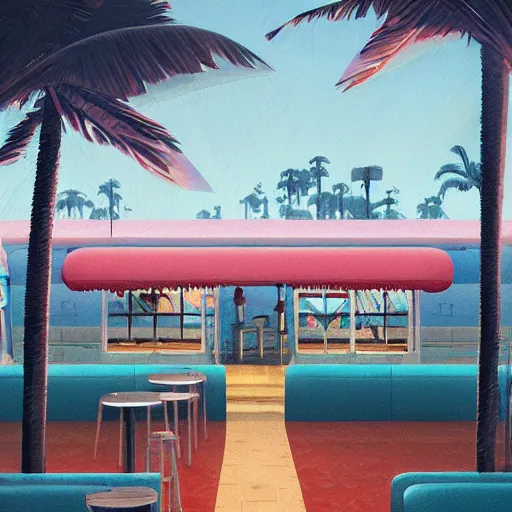 Image similar to inside diner at the beach and palm trees by simon stalenhag