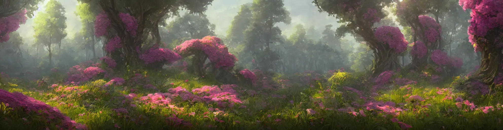 Prompt: Big flowers in the forest, trending on artstation, by Noah Bradley