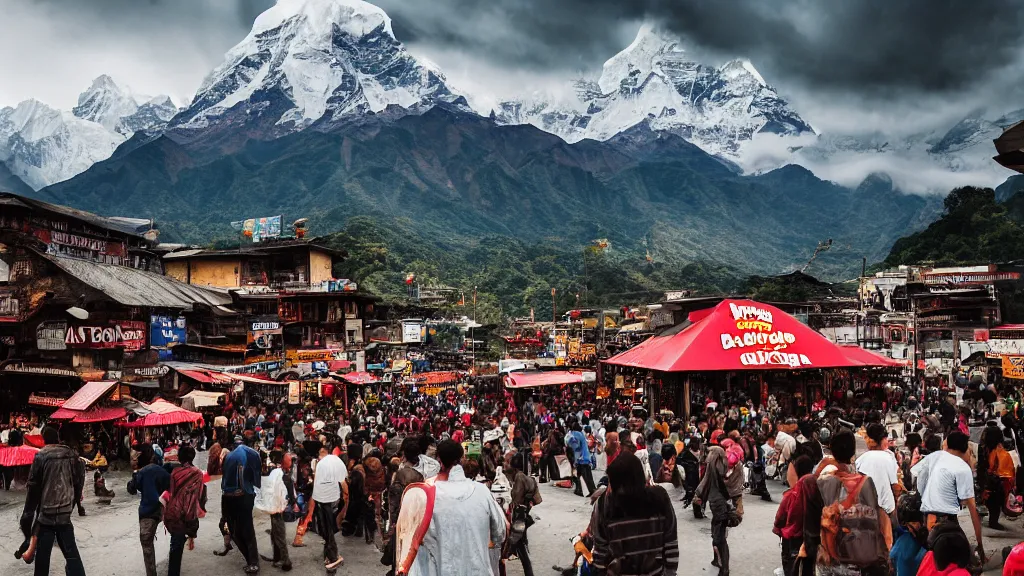 Prompt: Moody picture of the Annapurna mountain range, with a Burger King and crowds of people visible, landscape photography