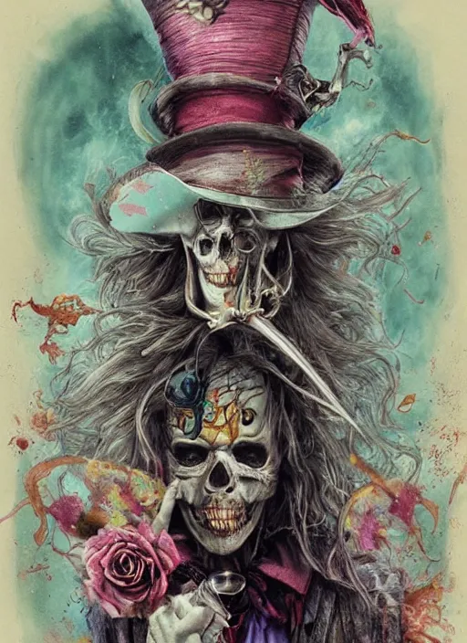 Image similar to Mad Hatter drinking tea with Alice in wonderland,death tarot card,highly detailed,half skull face,cinematic,8k,by Stanley Artgermm,Tom Bagshaw,Greg Rutkowski,Carne Griffiths, Ayami Kojima, Beksinski, Giger,trending on DeviantArt,hyper detailed,horror, full of colour